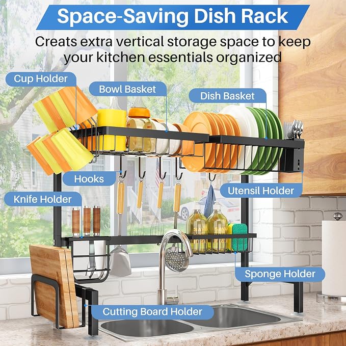 SNTD Over The Sink Large Dish Drying Rack, Metal, 26.8"-34.6", Black | Adjustable Length, Rust-Resistant, Utensil Holder, Cup Holder, Cutting Board Holder, Knife Holder, Sponge Holder and Hooks