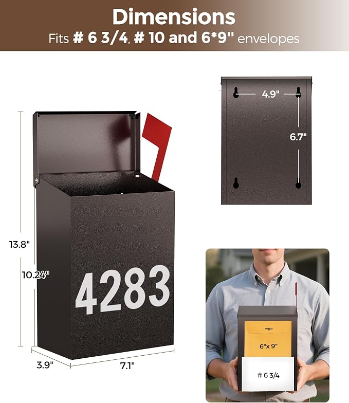 LAND·VOI Wall-Mount Mailbox with One Flag Kit and Three Sets of 0-9 Mailbox Number Stickers, Mailboxes for Outside, Galvanized Steel Rust-Proof Metal Post Box, 7.1"x3.9"x10.24", Textured Bronze AMB05R