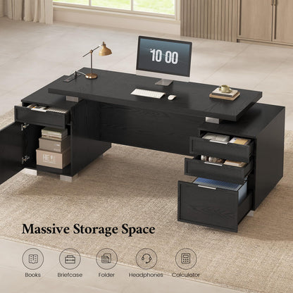 ANGRYWIN 80.6" Executive Desk with Power Outlet and File Drawer, Modern Home Office Desk with 3 Large Cabinets and Privacy Panel, Business Furniture for Home Office, Living Room, Black