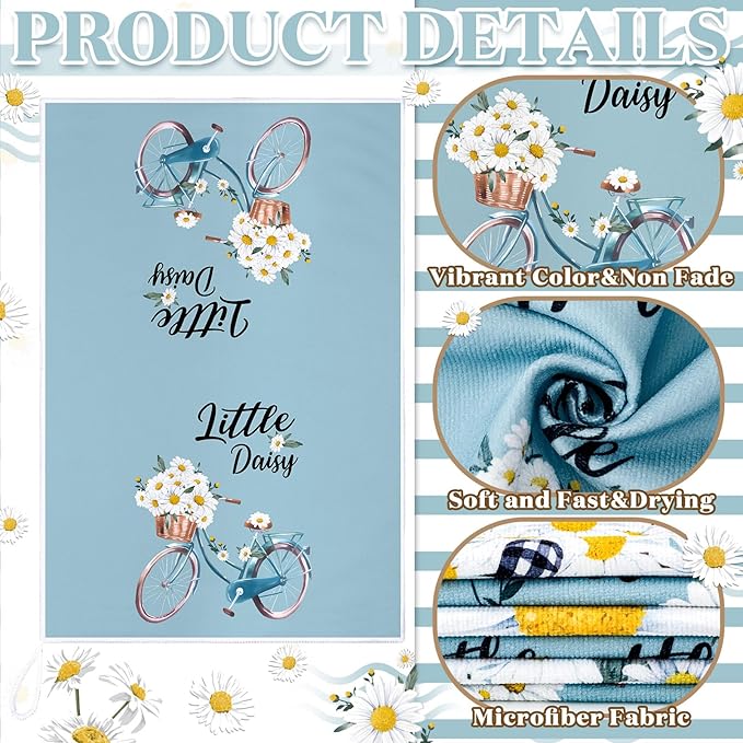 Boyiee Set of 6 Daisy Flower Kitchen Towels Daisy Stripes Tea Towels Floral