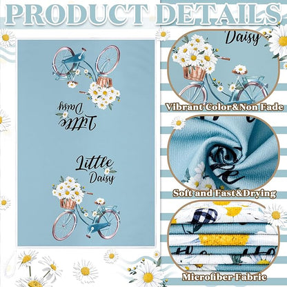 Boyiee Set of 6 Daisy Flower Kitchen Towels Daisy Stripes Tea Towels Floral