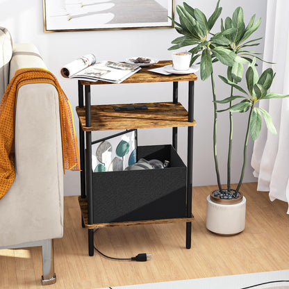Newmics Small Side Table with Charging Station, End Table for Small Spaces, Slim Nightstand with Outlet,Sofa Beside Table, 3-Tier Storage Shelf,Living Room, Bed Room, Rustic Brown