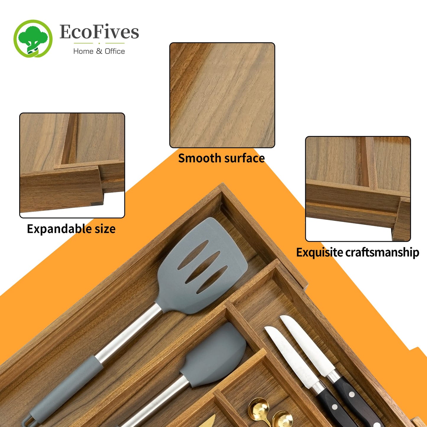 Luxury Acacia Kitchen Drawer Organizer - Silverware Organizer - Utensil Holder and Cutlery Tray with Grooved Drawer Dividers for Flatware and Kitchen Utensils (8 Slot), 17*12.4*2 inch