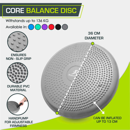 ProsourceFit Core Balance Disc Trainer, 14” Diameter with Pump for Improving Posture, Fitness, Stability, Grey