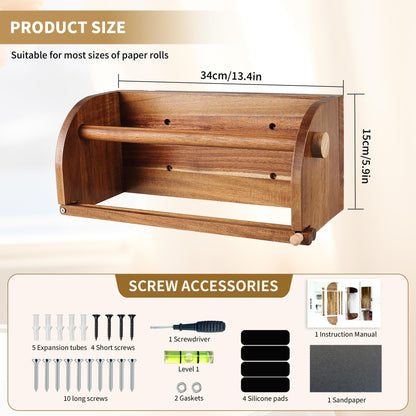 Extra Large Wooden Hanging Paper Towel Holder Wall Mount, Handmade Acacia Wood Farmhouse Paper Towel Holder, One Hand Tear Design, Wall Mount Countertop Under Cabinet Paper Towel Rack for Kitchen