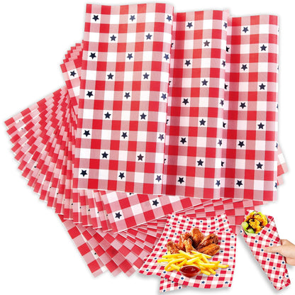 100 Pcs Patriotic Wax Paper for Food, 4th of July Red Plaid Blue Stars Parchment Decorative Oil-Proof Wrapping Basket Liners for Kitchen Party Supplies Cookie Box Dessert Deli Sandwich,9.8 x 9.8 Inch