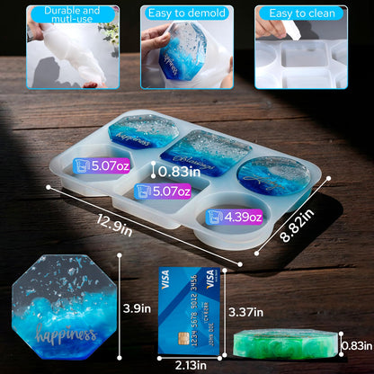 LET'S RESIN Extra Deep Coaster Resin Molds, 6 Cavity Round/Square/Octagon Shape Silicone Molds for Epoxy Resin, Flower Preservation, DIY Art Craft Cup Mats