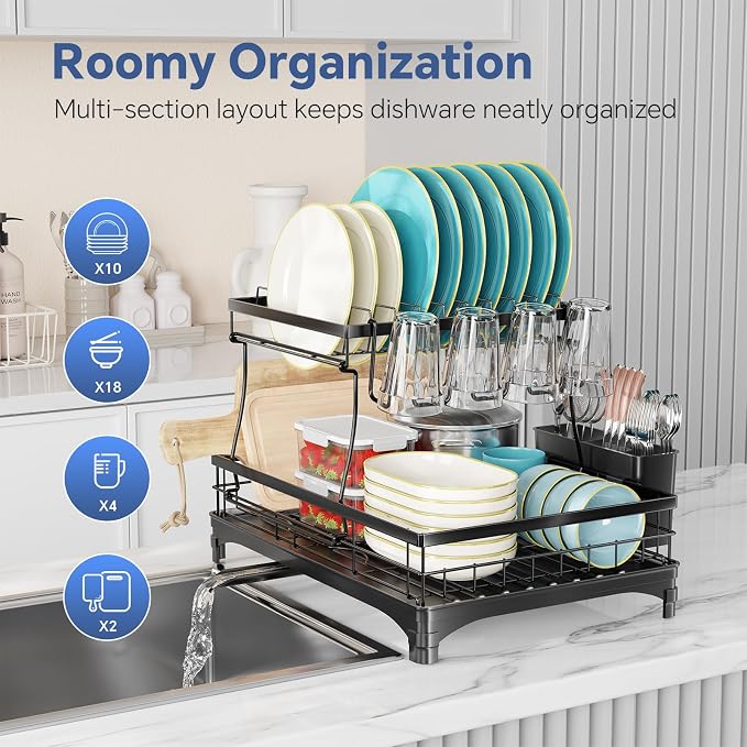 Simple Trending Dish Rack, Stainless Steel Dish Drying Rack for Kitchen Counter, Large Capacity 2-Tier Dish Drainer Organizer with Utensil Holder, Black