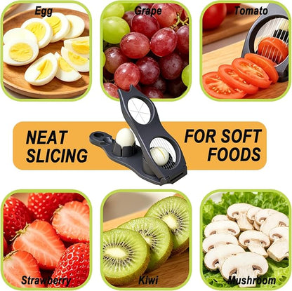 NOVANO 2 in 1 Egg Slicer for Hard Boiled Eggs | Egg Cutter, Strawberry Slicer, Fruit Slicer for Salads & Sandwiches, Stainless Steel Blades