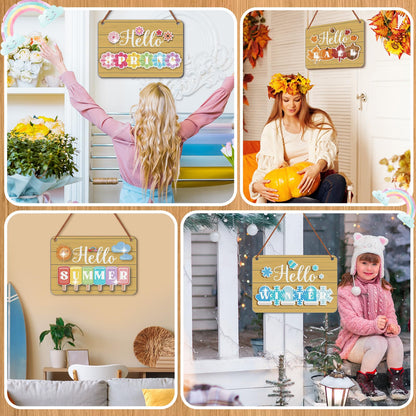 MiniInflat Hello Spring Interchangeable Sign Seasonal Diamond Art Painting Kits with 20 Interchangeable Magnetic Decor Farmhouse Spring Wall Hanging Diamond Painting Sign for Home Decoration(Brown)