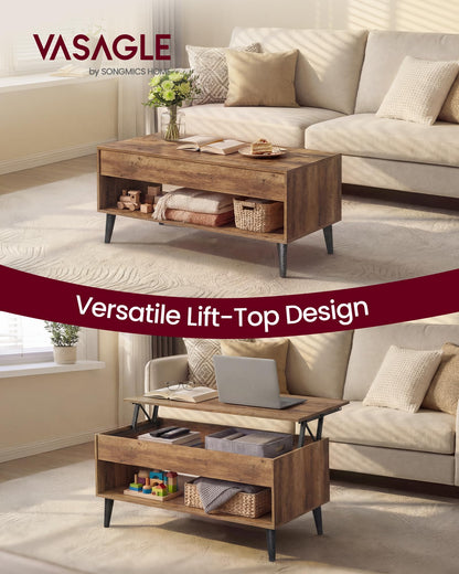 VASAGLE Lift Top Coffee Table, Lift Tabletop Dining Table, Gas Spring, Hidden Compartment, Open Storage Shelf, for Living Room, Home Office, Honey Brown ULCT268KB01S