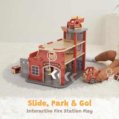 Freniland Wooden Fire Station Playset, 4-Level Pretend Play Firehouse with Fire Truck, Helicopter, Figures & Accessories, Educational Role Play Toy for Toddlers Kids Age 3+