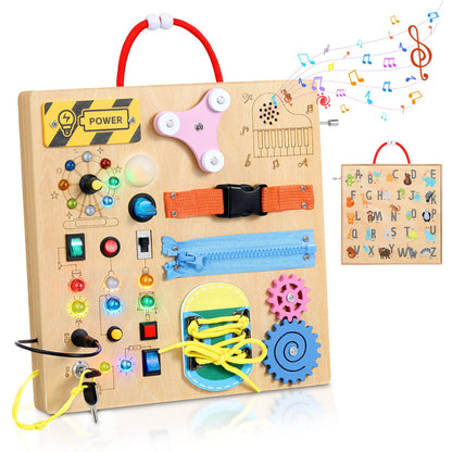 MoKo Montessori Busy Board Toys for 3+ Years Old Wooden Sensory Toys Board with LED Light Up Switch, Locks, Zippers, Music Boxes Learning Educational Fidget Toy for Toddlers Boys & Girls