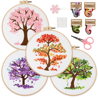 Sivilife Embroidery Starter Kit for Beginners, 4 Sets Stamped Cross Stitch Kits for Adult, Seasonal Tree Pattern Hand DIY Kits with 2 Embroidery Hoop Instructions Color Threads Needles and Scissor