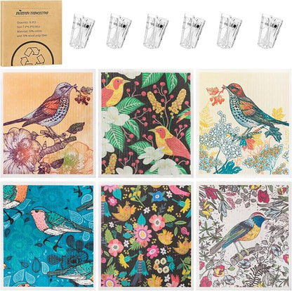 6 Pack Swedish Dishcloths for Kitchen, Swedish Rags Absorbent Retro Bird Dish