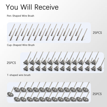 75PC Wire Brushes for Drill Set Steel Wire Wheels Pen Brush Bowl-shape Brushes for Rotary Tools Rust Paint Removal Grinding Sanding Polishing 1/8" handle