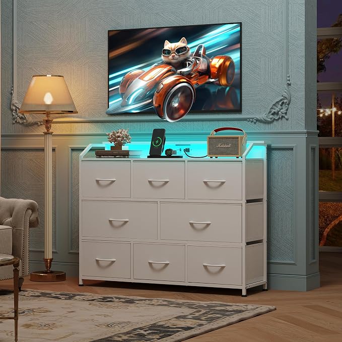 WLIVE Led Dresser for Bedroom, White Dresser TV Stand for Bedroom with LED Lights and Power Outlet, Wide Chest of Drawers for Hallway, 8 Fabric Drawers for Living Room and Entryway, Easy to Assemble