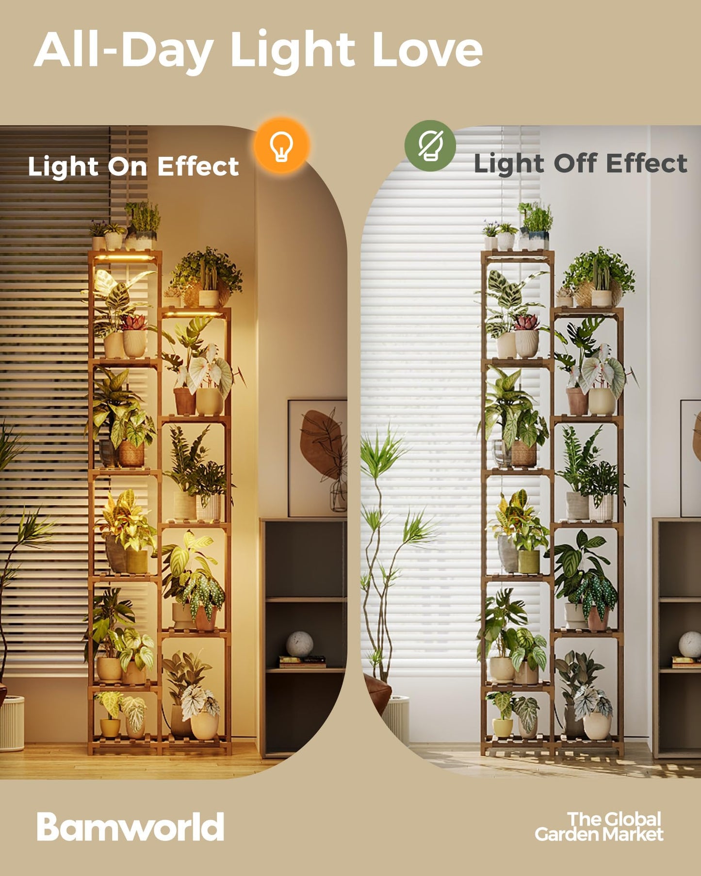 Bamworld Plant Stand with Grow Lights Indoor Outdoor 11 Tier Tall Large Wood Plant Shelf Multi Tier Flower Stands Garden Shelves Wooden Plant Display Holder Rack for Living Room Corner