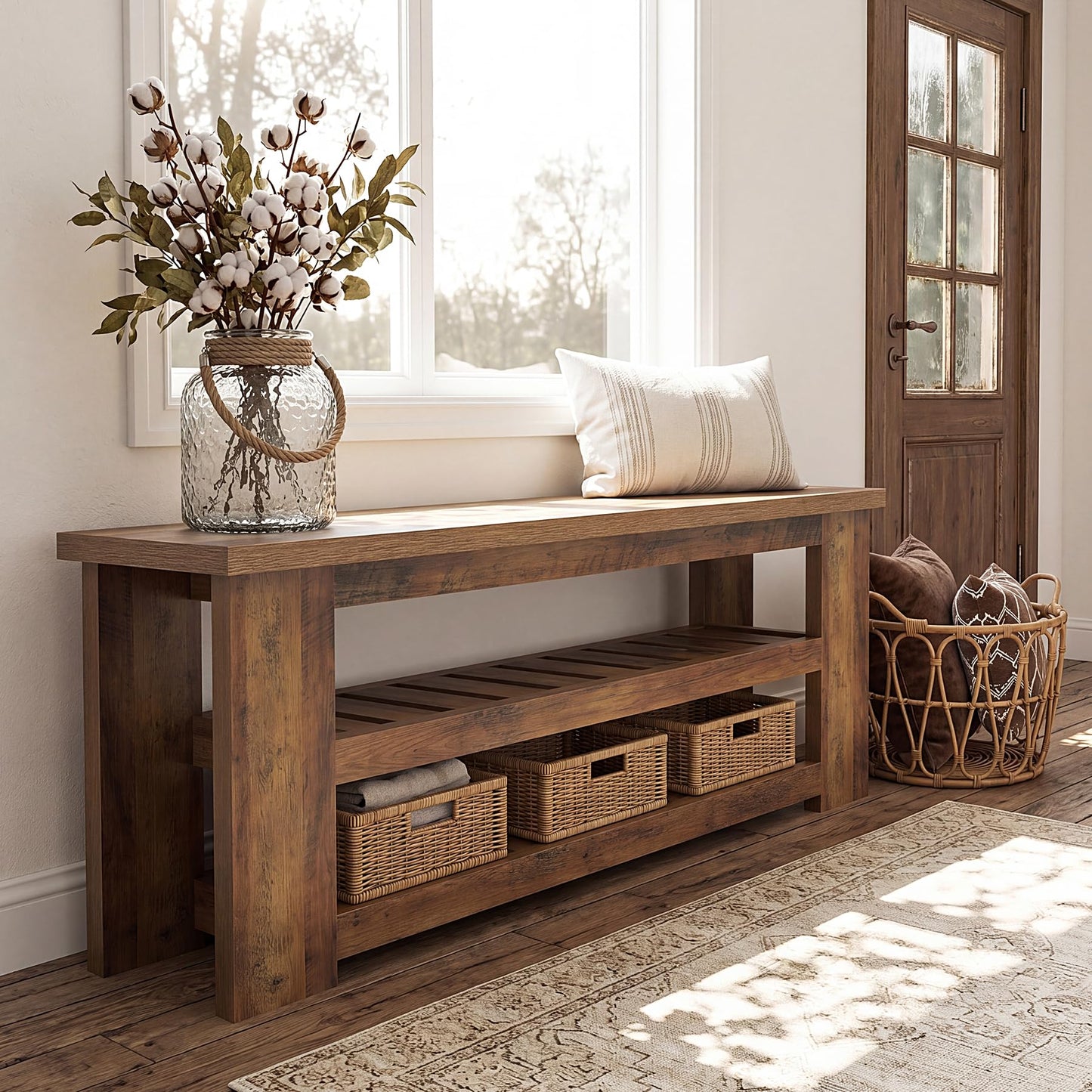 LITTLE TREE Entryway Bench, 55" Wood Shoe Bench, Farmhouse End of Bed Bench with 2-Tier Storage Shelves, Dining Bench for Entryway, Living Room, Bedroom, Hallway, End of Bed, Rustic Brown