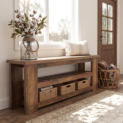 LITTLE TREE Entryway Bench, 55" Wood Shoe Bench, Farmhouse End of Bed Bench with 2-Tier Storage Shelves, Dining Bench for Entryway, Living Room, Bedroom, Hallway, End of Bed, Rustic Brown
