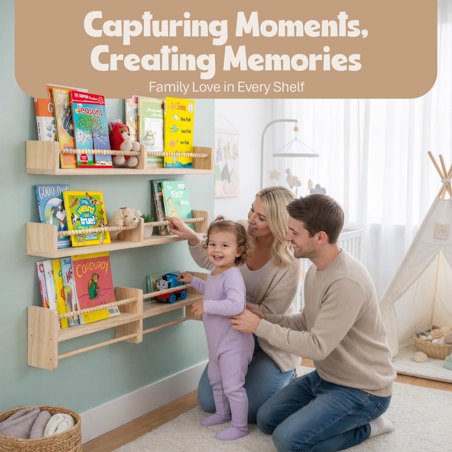 Stelzriede Nursery Shelves for Wall – Nursery Book Shelves with Hanging Rod – Set of 3 Wooden Wall-Mounted Shelves, Rounded Edges, Nursery Bookshelf for Kids Room Decor, 31.5" x 3.9" x 3.7"