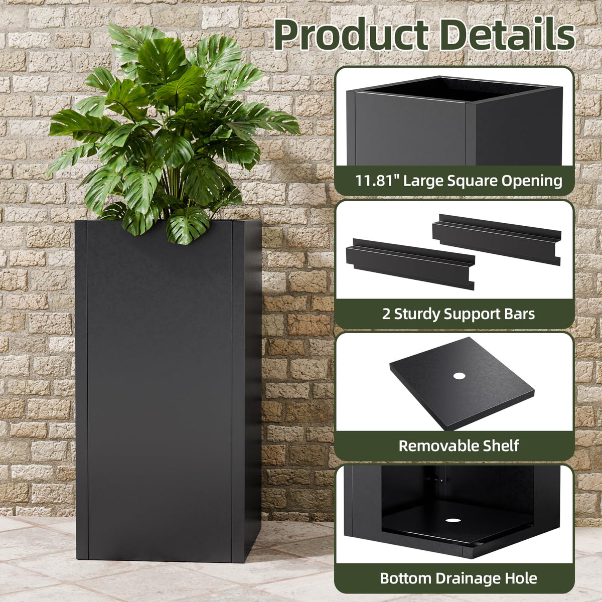Diyfire Tall Metal Planters Box for Outdoor Plants 2 Pack- 23.6" Modern Steel Tall Square Planter with Removable Insert Shelf, Heavy Duty Pedestal Planter Front Porch Decor Patio Garden, Black