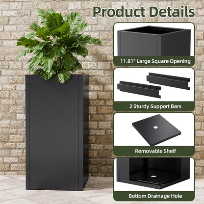 Diyfire Tall Metal Planters Box for Outdoor Plants 2 Pack- 23.6" Modern Steel Tall Square Planter with Removable Insert Shelf, Heavy Duty Pedestal Planter Front Porch Decor Patio Garden, Black