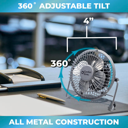 Comfort Zone 4-inch All-Metal Desk Fan with USB or Power Cord, Single Speed, 360 Degree Adjustable Tilt, Compact & Durable Mini Electric Fan for Home, Office or Travel Use, Black
