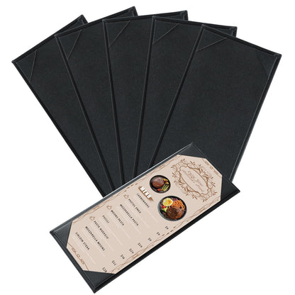 FLKQC Menu Covers 4.25" x 11" – 5 Pack 1 View Black PU Leather Restaurant Menu Holders, Single Panel with Angled Corners for Food Menus, Wine Lists & Drink Specials & Cocktail, Perfect for Parties