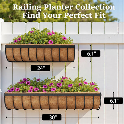 VOXOR Railing Planter Boxes, 24 Inch Window Boxes Planters, Balcony Planters with Adjustable Brackets & Coco Liner for Outdoor Fence, Deck, Porch, and Patio Gardening, 2 Pack