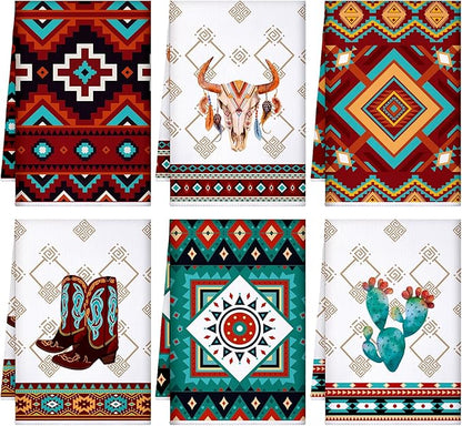 Boyiee Set of 6 Southwestern Kitchen Towels Boho Aztec Theme Dishtowel Native