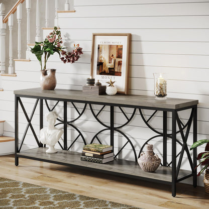 Celaform 70.9-Inch Extra Long Sofa Table, Narrow Console Table Behind Couch with Storage for Entryway, Living Room, Entrance, Hallway, Foyer, Unique Geometric (Grey)
