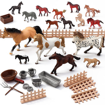 Gerrii 33 Pcs Realistic Horse Figurines Set, 16 Horses Breeds with Wooden Fences Farm Accessories for Tabletop Display Cake Topper Horse Lover Collector Birthday Gift