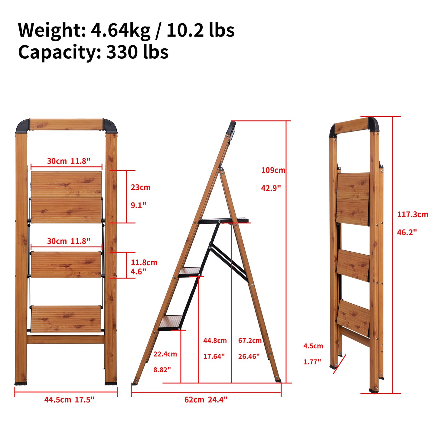 BIBKOKE Step Ladder 3-Step Woodgrain Finish Aluminum Folding Ladders
