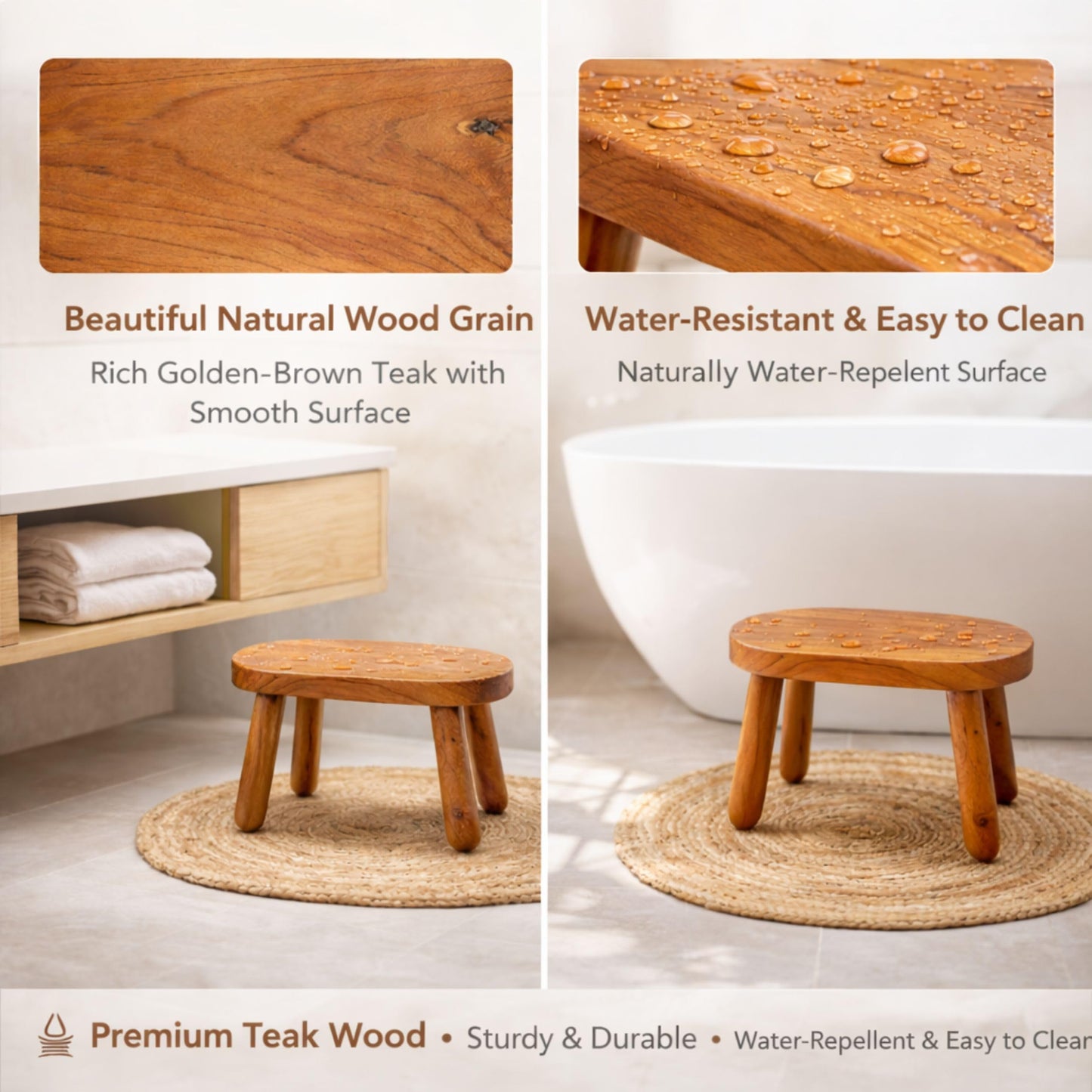 Teak Step Stool Heavy Duty Wooden Stepping Stools for Adults Kids with 4 Legs,Bed Steps for High Beds