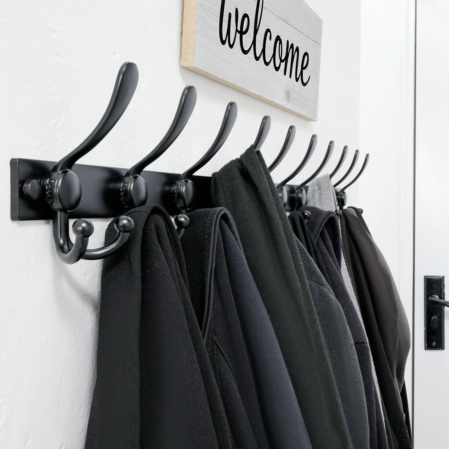Dseap Coat Rack Wall Mount, Heavy Duty 12-Gauge Base vs Flimsy 1mm, Double-Thick Solid Anti-Snap Hooks, 16” Stud-Mount, Stainless Steel Hanger for Clothes Hat Entryway Closet Mudroom, Black