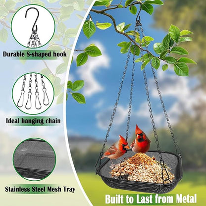 Hanging Bird Feeder for Outdoors – 11 in Square Metal Mesh Bird Feeder Tray Platform for Wild Birds, Black