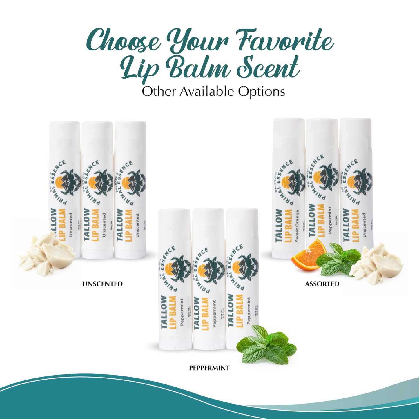 Dr. Dave's Primal Essence Moisturizing Tallow Lip Balm - Grass-Fed Beef Tallow with Organic Coconut Oil, Beeswax and Vitamin E - Sweet Orange, 3-Pack
