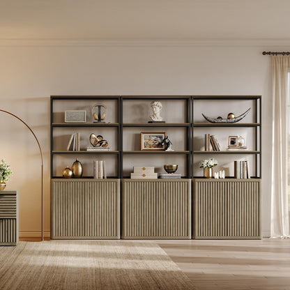 SICOTAS Book Shelf Fluted Bookshelf 71" Tall Bookcase with Doors Storage 5 Tier Mid Century Modern Bookshelves Large Shelves Metal Book Cases for Living Room Office Kitchen Library