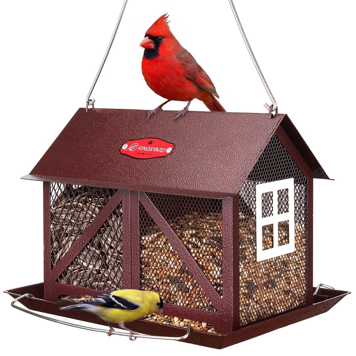 Kingsyard Metal Bird Feeder for Outdoors Hanging, 2-in-1 Wild Bird Feeder with Seed Tray & Built-in Perch, 5 lb Large Capacity for Cardinal Chickadee Finch, Bronze