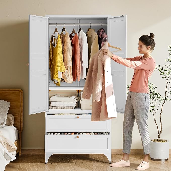 BYNSOE Metal Armoire Wardrobe Closet with 2 Drawers 72'' Wardrobe Cabinet with Drawers and Hanging Rail Metal Closet with Adjustable Shelves for Bedroom. (White, with 2 Drawers)