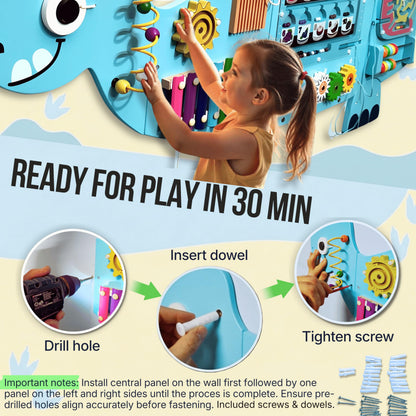 AthomBear Dinosaur Wall Busy Board with 12 Activities - Montessori Wall Activity Board 2-6 - Wooden Toys for Toddlers – Sensory Panel Learning Activity Center for Playroom, Daycare & Classroom