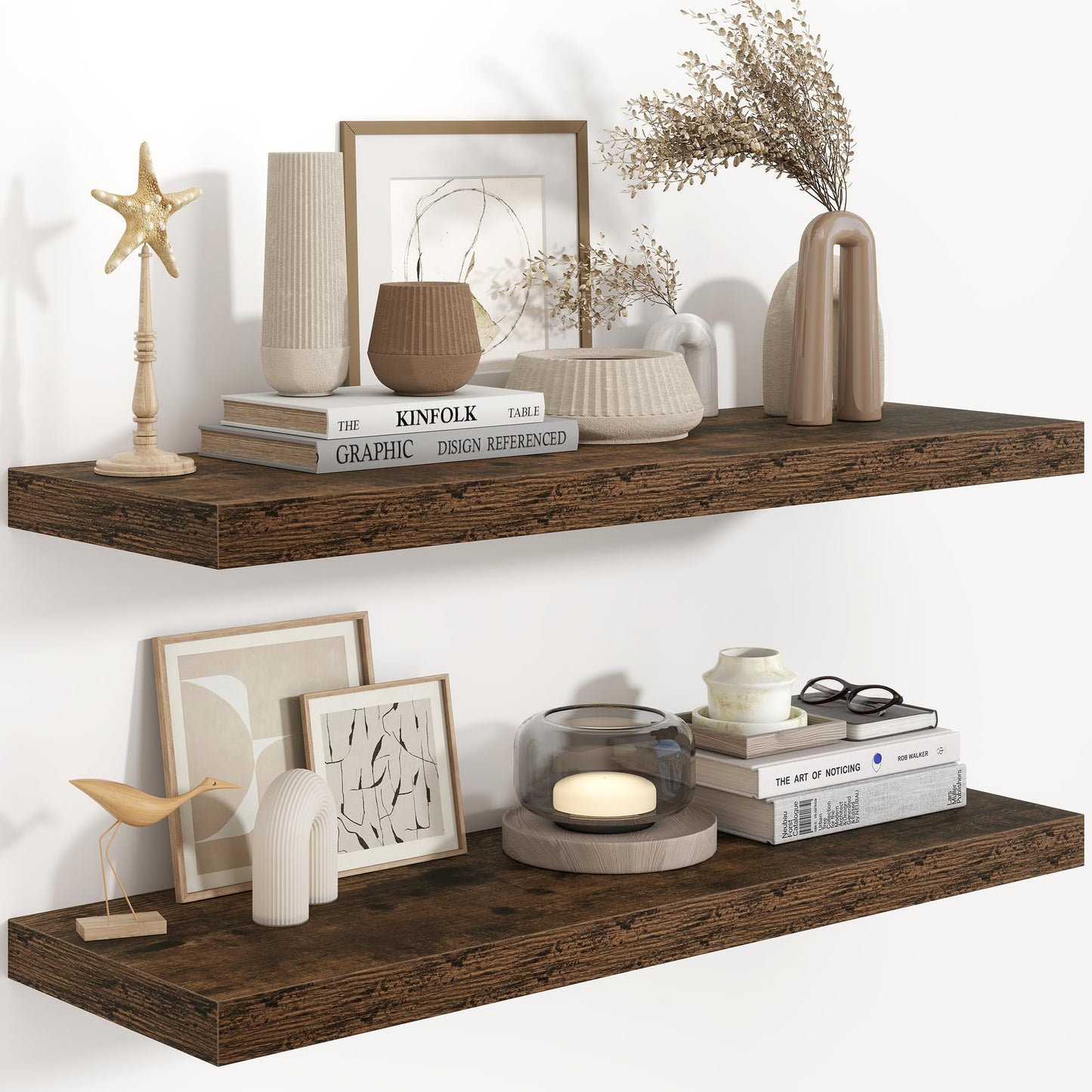 Fun Memories 36 Inch Long Floating Shelves for Wall, 9.3 Inch Deep Floating Shelf, 2 Packs Long Shelves for Bathroom, Living Room, Bedroom, Wall Mounted Storage Shelf for Books Decor, Rustic Brown