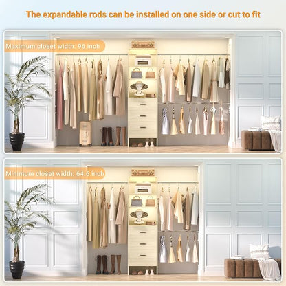 Besiost 96'' Closet Organizer System with 3 Hanging Rods, 8FT Closet Organizers and Storage with 3 Wooden Drawers, Built in Closet Organizer Systems, Adjustable Walk-in Wardrobe from 2-8FT, Light Oak