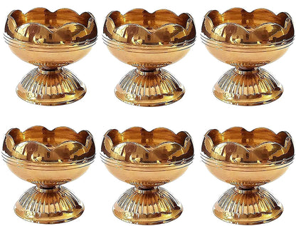 Craftsman Brass Diya Set - 6 Pc Handmade Oil Lamp for Diwali Decoration, Golden, Nanda Diya Model, Traditional Indian Home Gift