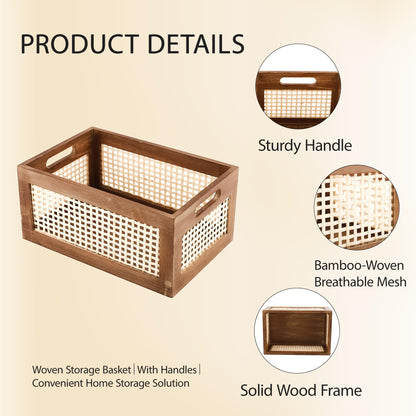 HODAKJUE Boho Wooden Storage Basket with Bamboo Woven Panel, Decorative Handle Organizer Bin for Shelves, Kitchen, Pantry, Closet & Countertop, 11.81 x 7.87 x 5.51 Inch