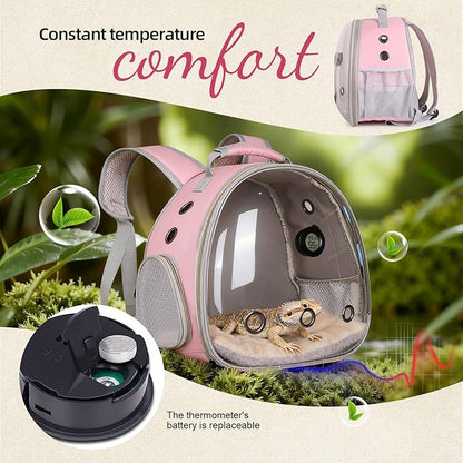 Bearded Dragon Travel Backpack Carrier with Reptile Thermometer and Humidity Gauge Lizard Travel Cage Space Capsule Clear Bubble Window Astronaut Reptile Bag for Ball Python (Pink, Backpack+PG LSH)
