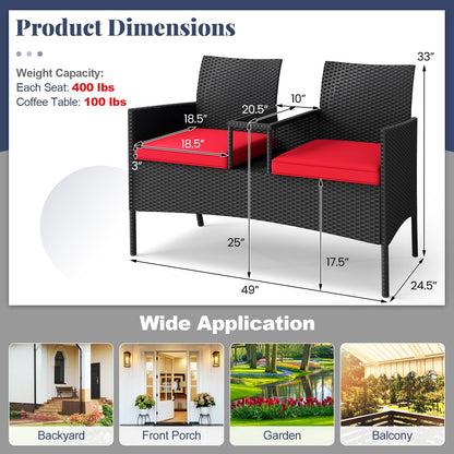 Tangkula Patio Loveseat with Built-in Table, Wicker 2-Seat Furniture with Soft Cushions & Tempered Glass Tabletop, Metal Frame Outdoor Conversation Seating Bench for Backyard, Porch