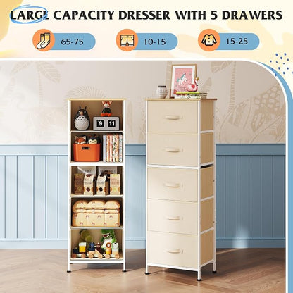 WLIVE Fabric Dresser, 5-Drawer Tall Dressers for Bedroom, Storage Dresser Organizer with Fabric Bins, Wood Top, Sturdy Steel Frame, Chest of Drawers for Closet, Hallway, Cream White