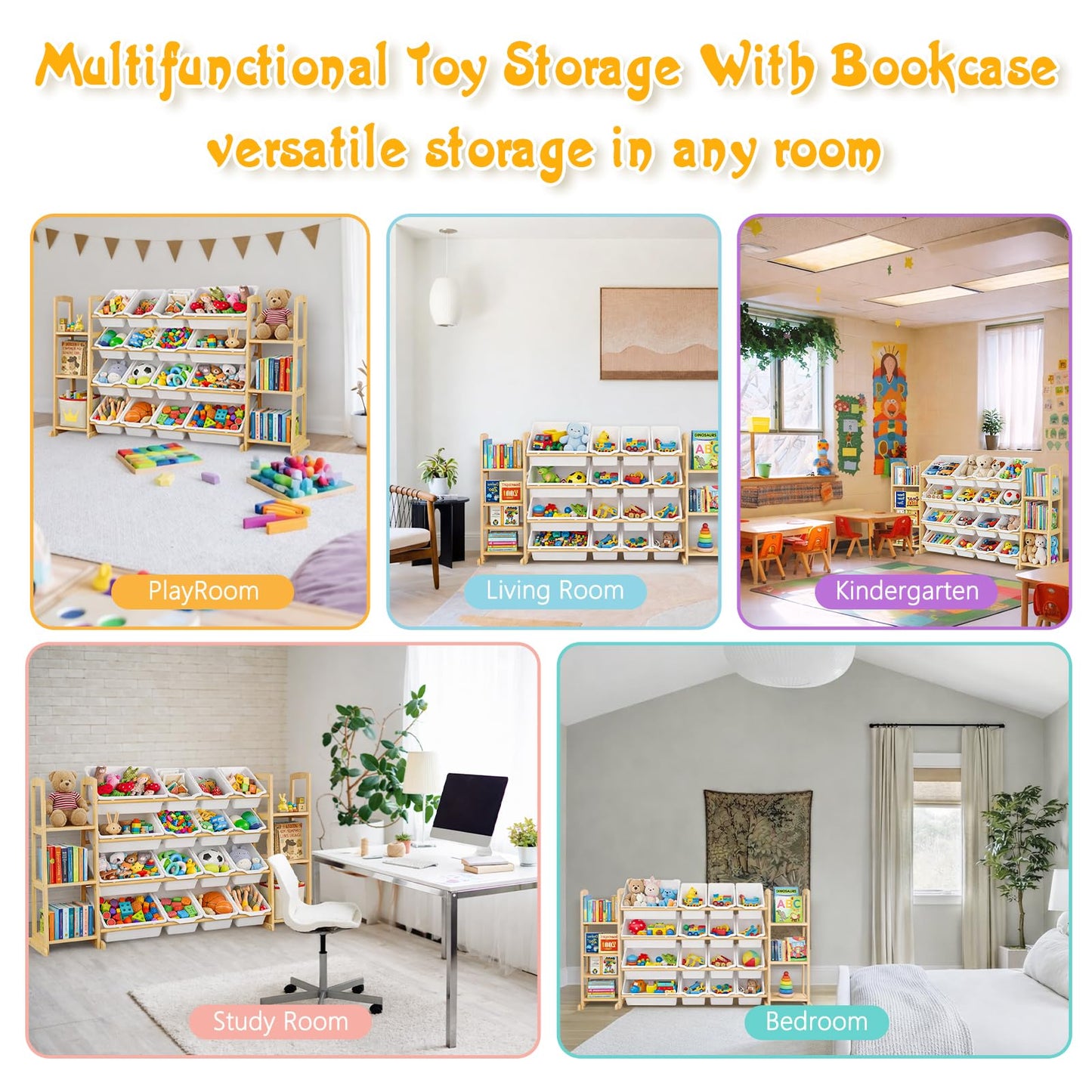Etitlly Kids Toy Storage Organizer with Bookshelf – Wooden Shelf with 16 Bins & 6 Shelves, Quick Assembly Storage Rack for Playroom, Bedroom, Nursery - White